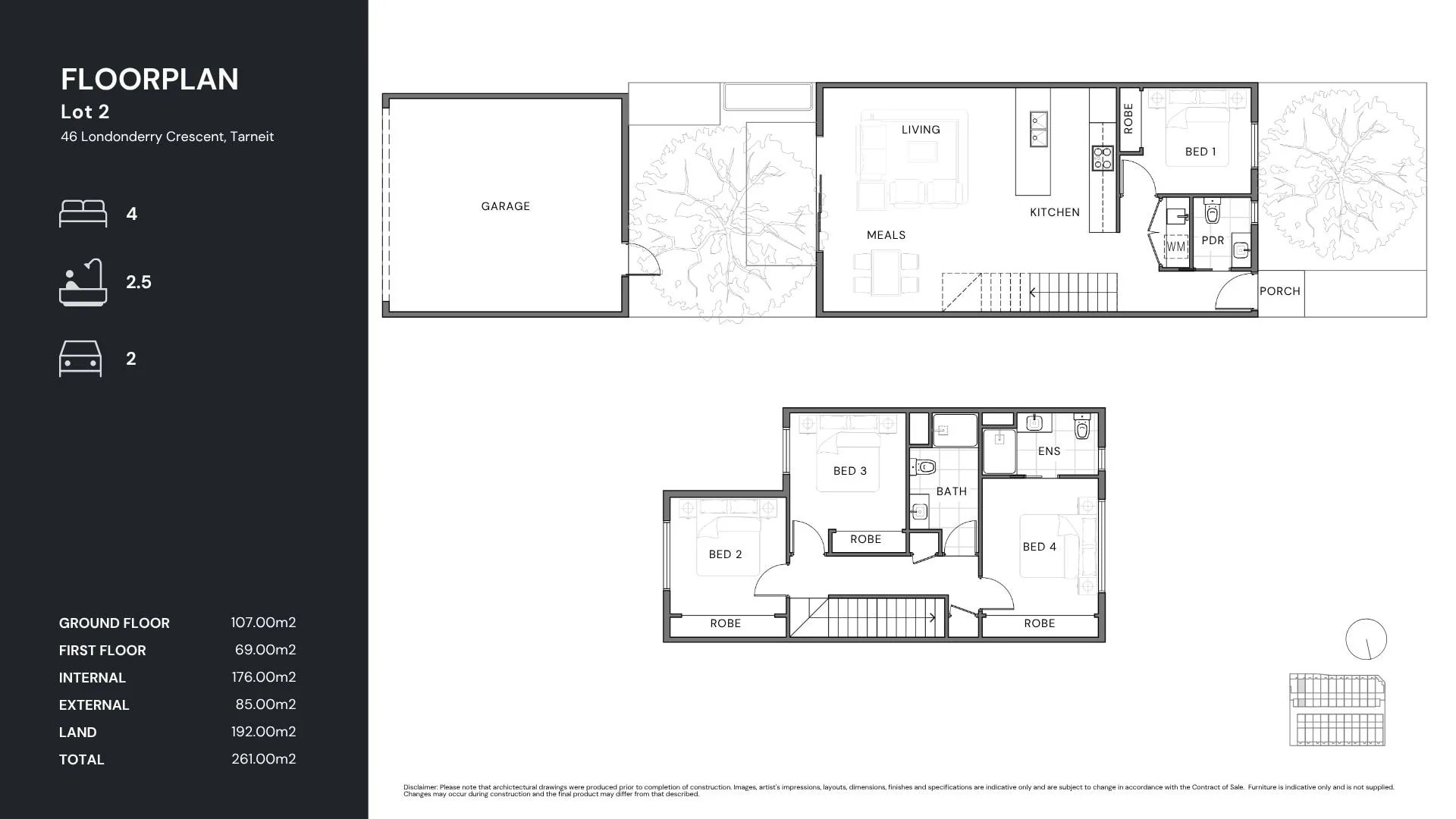 Floor plan — Lot 2: a four-bedroom, two-storey townhome with garage, shown over ground and first-floor plans with a measured area schedule